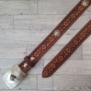 Women's Gavere Western Brown Leather Tooled Floral Concho Cowgirl Belt Size 32